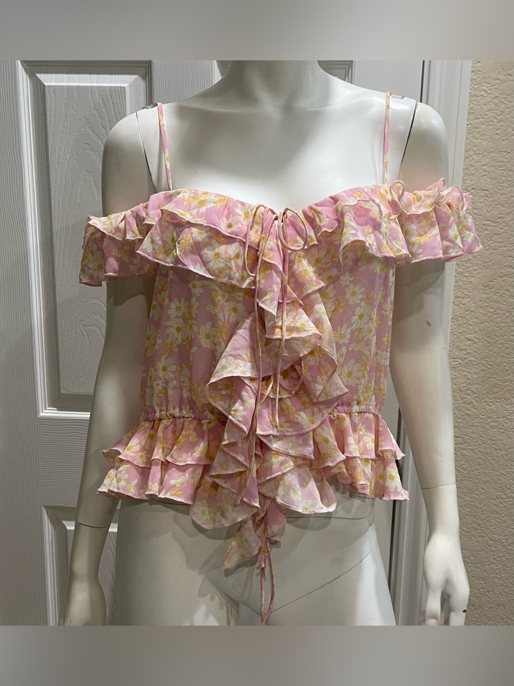 Elodie Pink & Yellow Watercolor Floral Ruffle Tiered Blouse Size Large